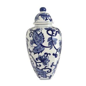 Vintage Chinoiserie Hexagon Ginger Jar Blue White15"H x 7"W Asian Home Decor